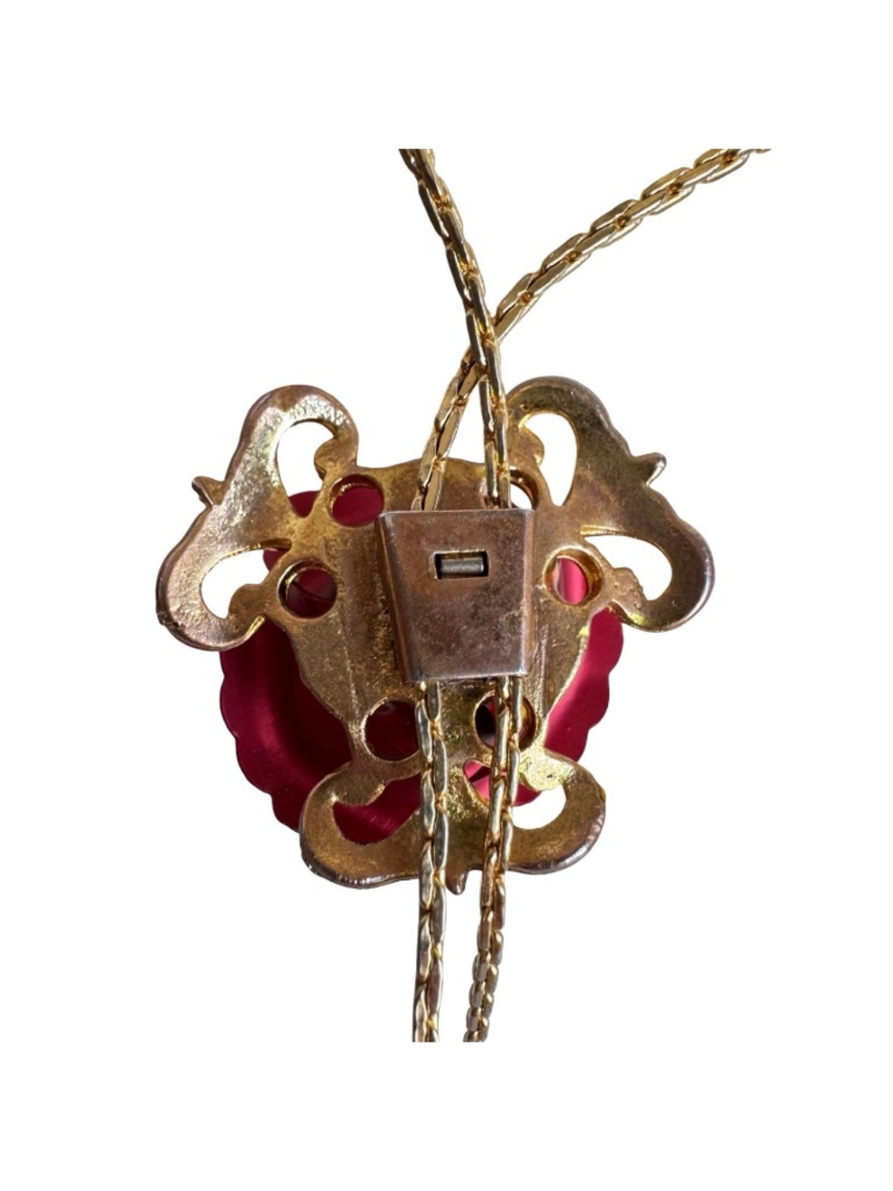 Vintage Red Rose Bolo Tie Lariat Necklace Gold Tone Chain Floral Pendant Jewelry - Picture 8 of 16